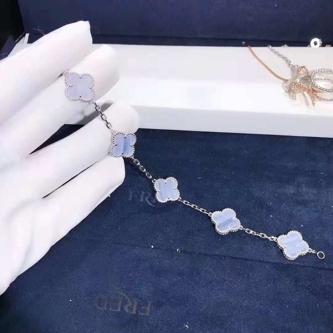 18k White Gold Van Cleef & Arpels Vintage Alhambra 5-Motif Chalcedony Bracelet VCARD34700