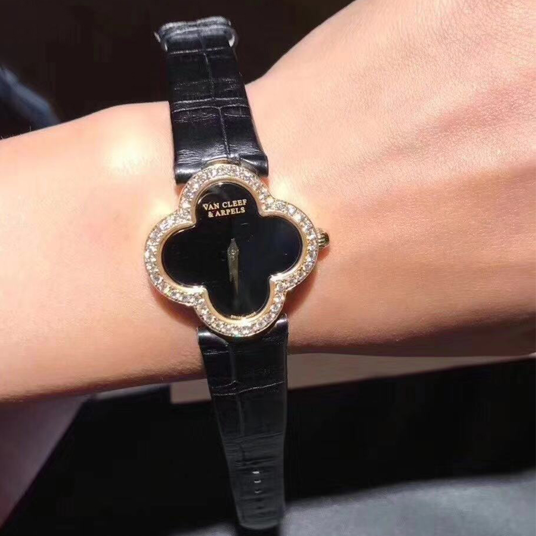 Van Cleef & Arpels 18k amarillo reloj de oro con diamante Alhambra & Onyx Dial Medio Modelo