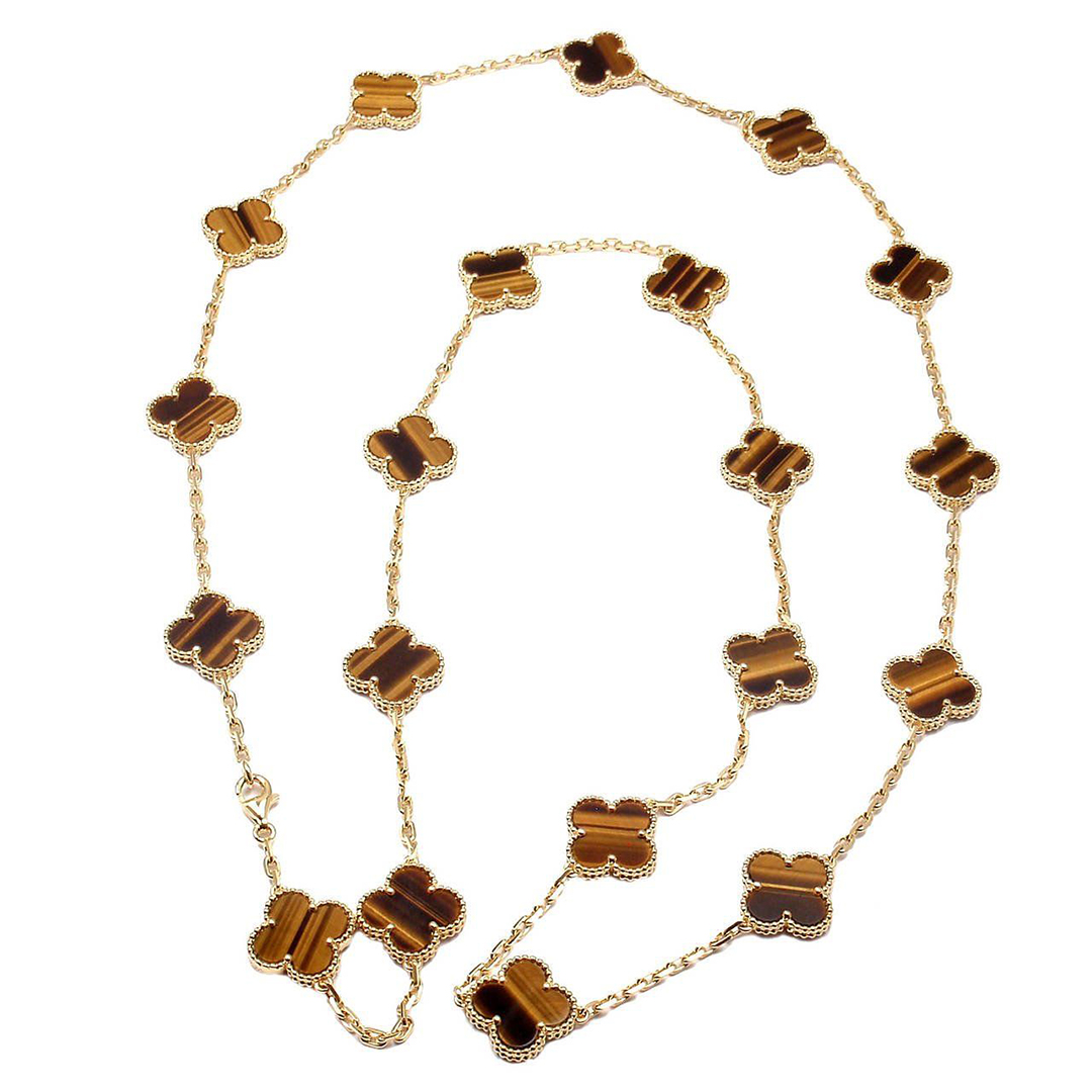 18k Oro Van Cleef & Collar largo de la vendimia Alhambra arpels 20 Ojo de Tigre motivos VCARD39900