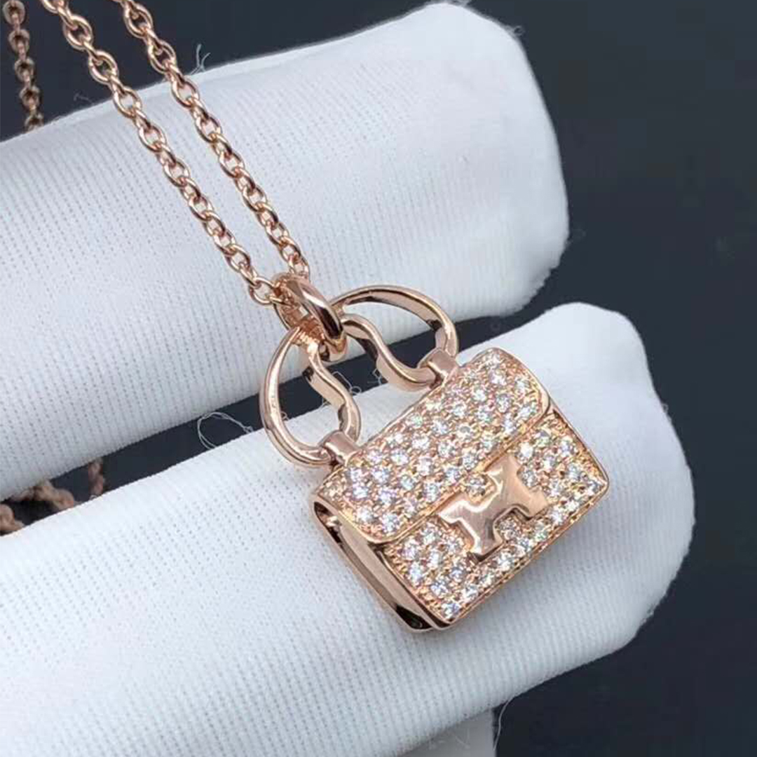 Hermes Constance Amulette saco colar de pingente de 18kt Diamonds Rose Gold pavimentam