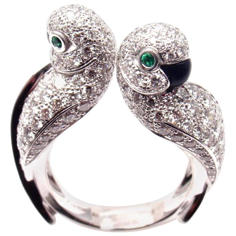 Inspired Cartier Les Oiseaux Liberes Diamond Emerald Onyx Love Birds Parrot White Gold Ring