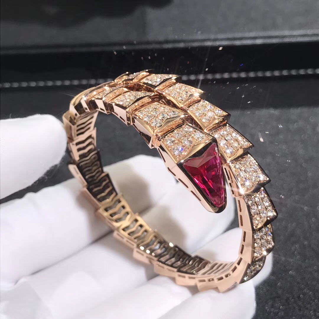 Inspired Bulgari Serpenti One-Coil Bracelet 18k Rose Gold Pave Full Diamond and Rubellite