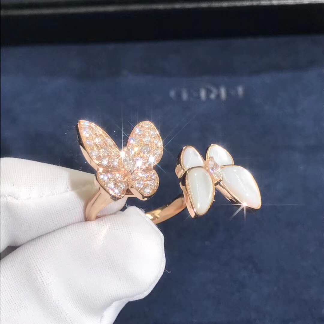 Inspired 18K Pink Gold Van Cleef & Arpels Two Butterfly Between the Finger ring diamond MOP