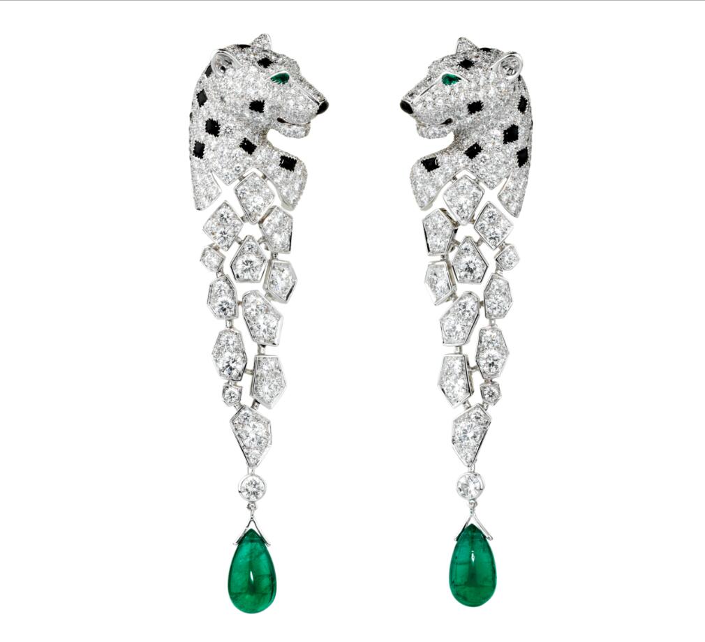 Inspired Panthere de Cartier Earrings 18k White Gold with Diamonds & Emeralds