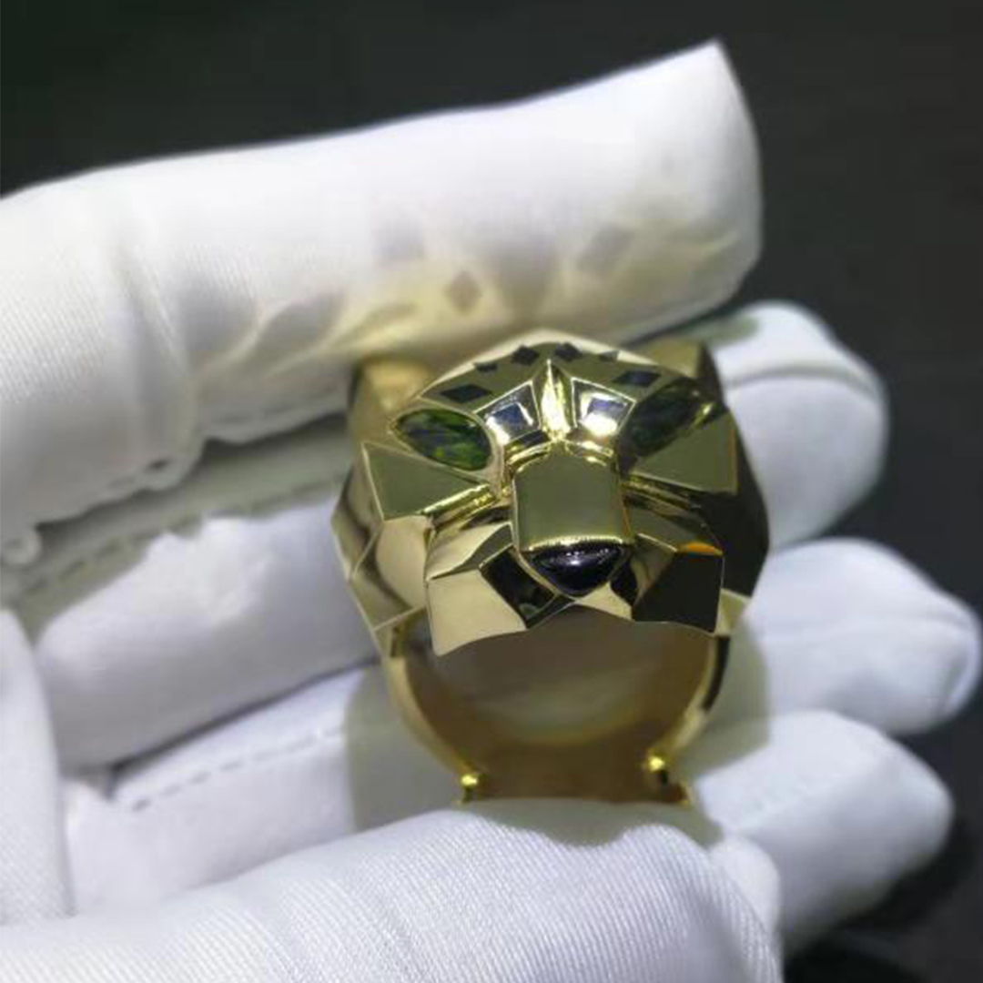 Panthere де Картье 18k желтое золото Кольцо с черным лаком Onyx & Перидот