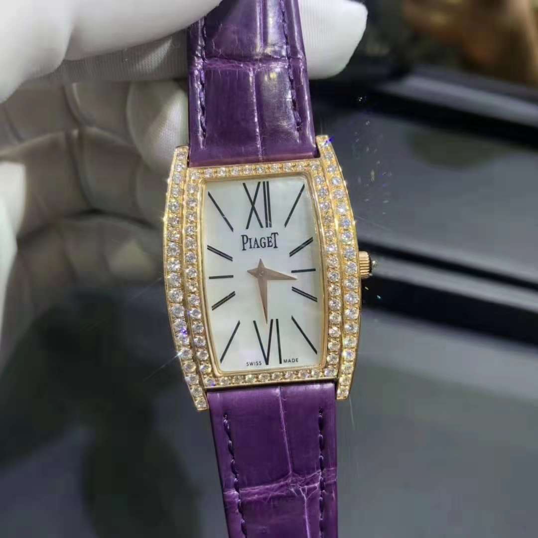 18k Rose Gold Piaget Limelight Tonneau-shaped Watch For Women Set With Diamonds and Mother of Pearl Dial