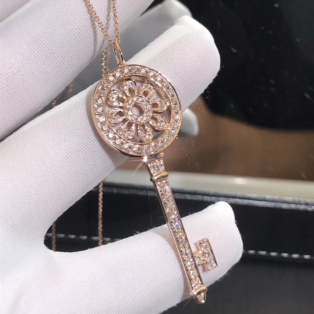 Tiffany & Co. Petal-Schlüssel-hängende Halskette 18 Karat Roségold mit Pave Diamanten, Große Größe