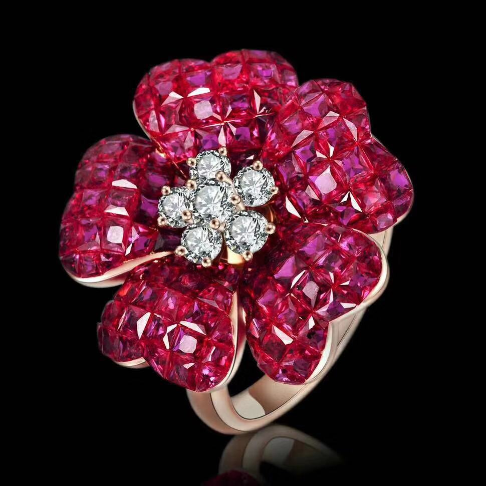 Inspired Van Cleef & Arpels Mystery Set Ruby & Diamond Pavot Flower Ring 18k Pink Gold