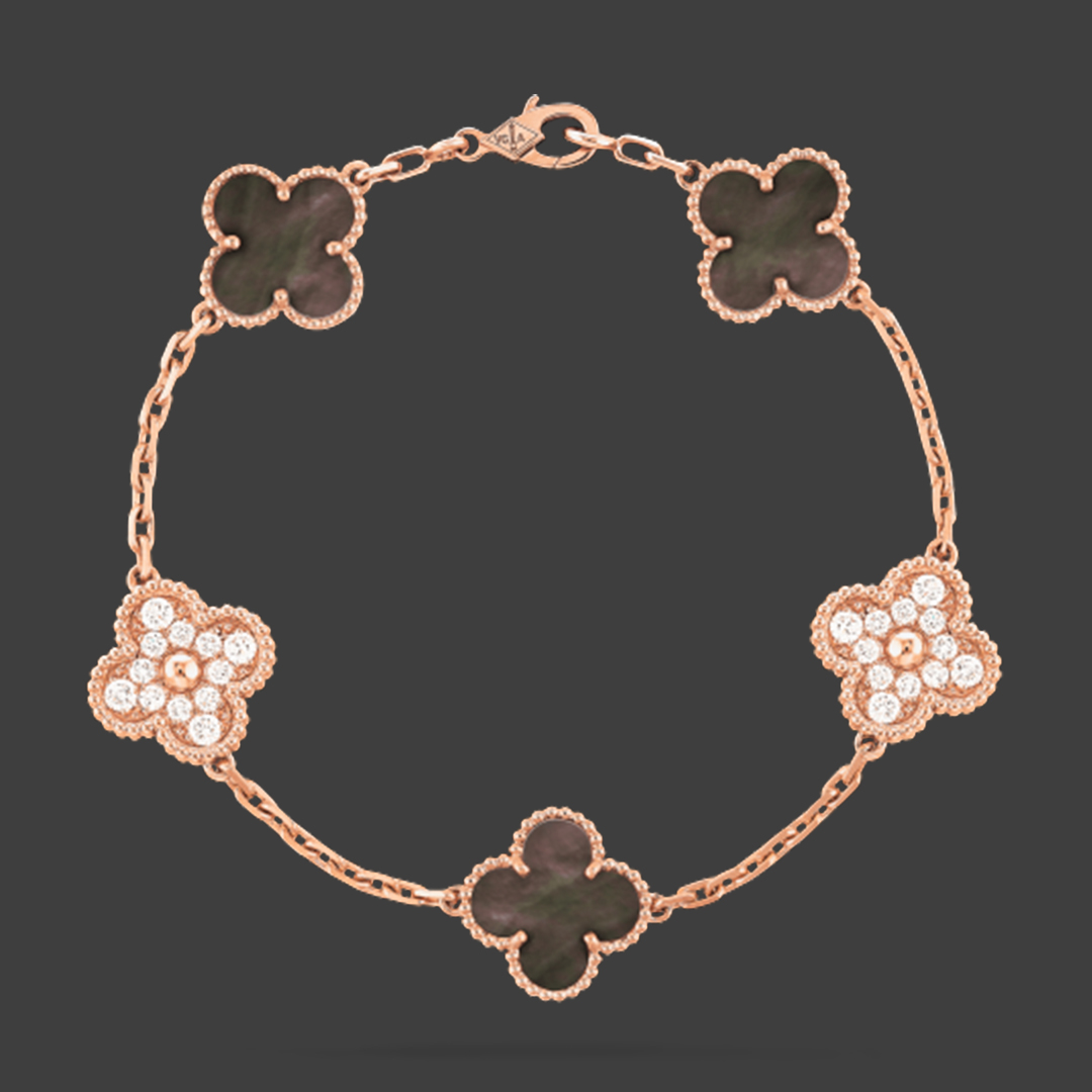 18k or rose EVC bracelet vintage Alhambra 5 motifs gris nacre de perle & diamant