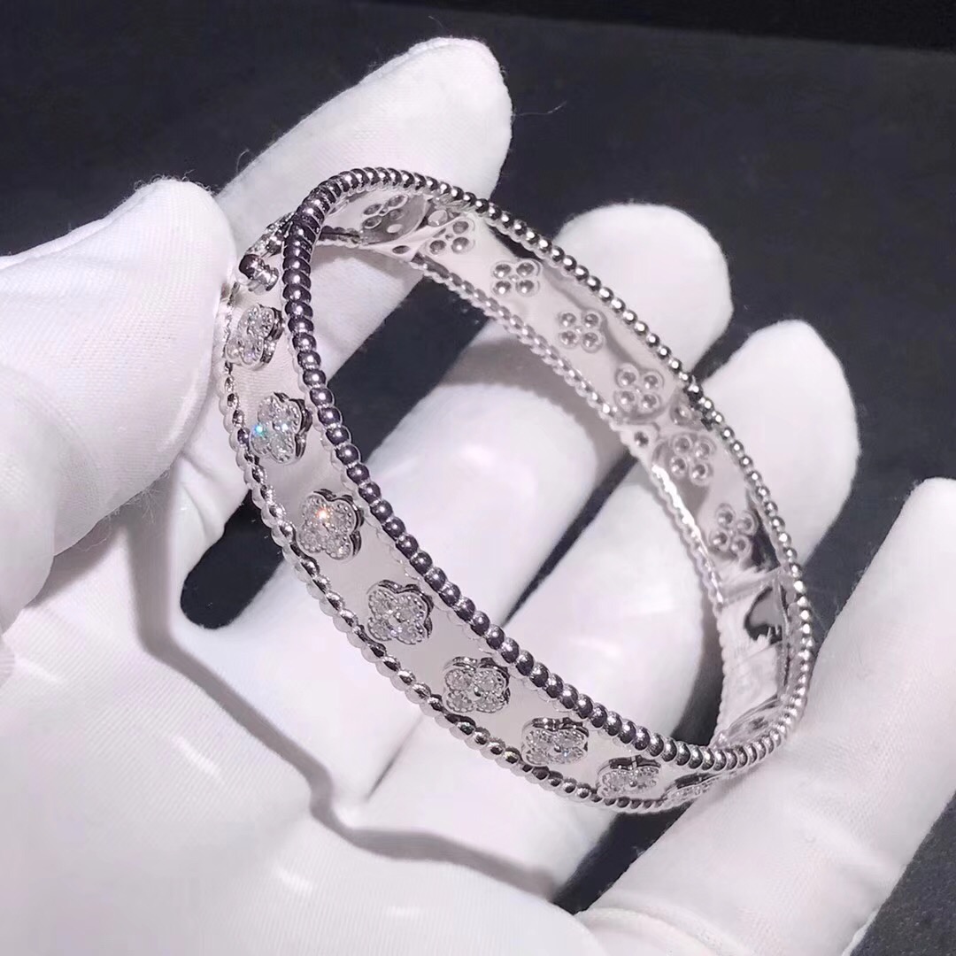 Inspirado Van Cleef & Arpels perlée Clover diamante 18K White Gold Bracelet