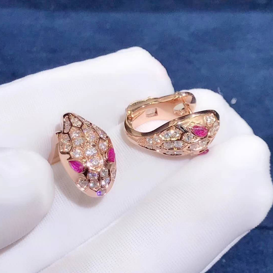 Bvlgari Serpenti серьги в 18k розовое золото с рубеллит глазами и полными алмазов паве