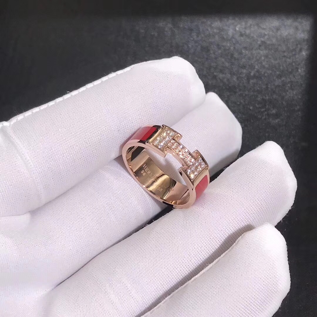 Inspirado Hermes Clic H del anillo del esmalte rojo de 18k rosa de oro con diamantes