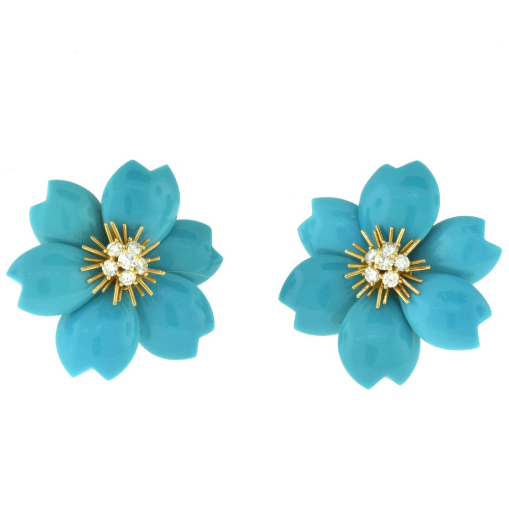 Inspired Van Cleef & Arpels Rose De Noel Turquoise Earrings 18k Yellow Gold