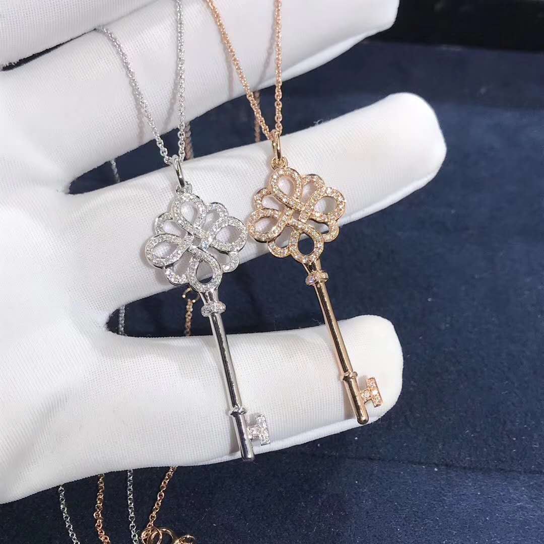 18k ouro Chaves Tiffany Nó Colar Pingente Chave com diamantes