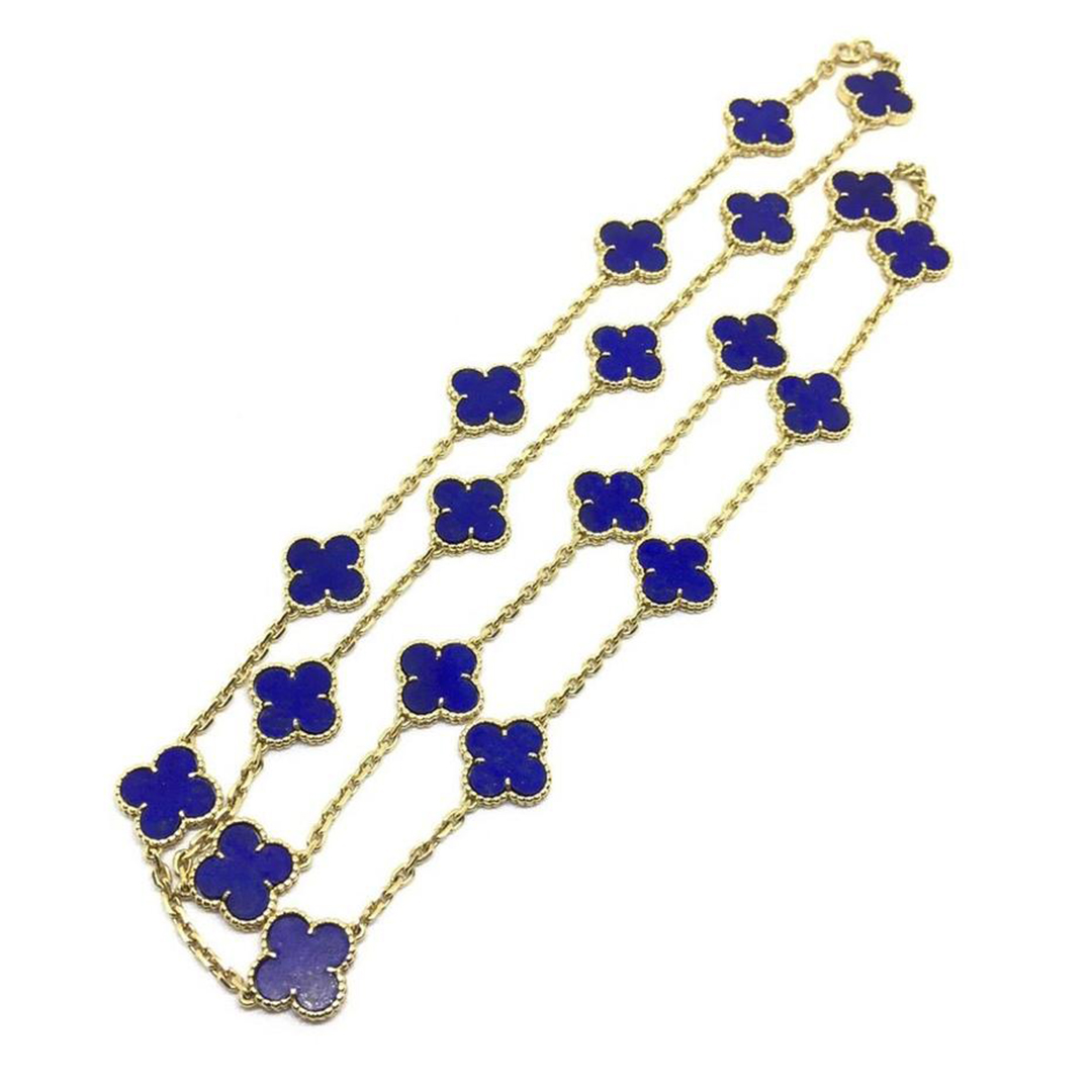 18k ouro amarelo Van Cleef & Arpels vintage Alhambra Lapis Lazuli 20 Colar motif